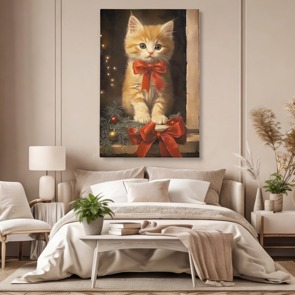 Tablou canvas cu tablou canvas cu pisoi si funda rosie, fara rama, pe sasiu de lemn, pe perete intr-un dormitor